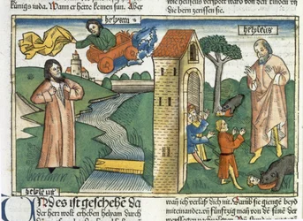 2 Koningen 2:1-24 Elia stijgt op naar de hemel in een wervelwind en de jongens die Elisa bespotten worden door beren opgegeten, uit de Neurenbergse Bijbel (Biblia Sacra Germanaica)