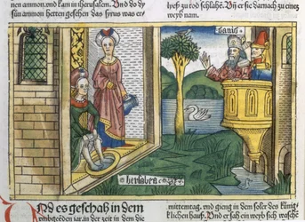 2 Samuel 11:1-5 David ziet Bathseba baden, uit de Neurenbergse Bijbel (Biblia Sacra Germanaica)