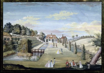 Een formele watertuin met terrassen, waterparterres en paraderende figuren, ca.1730