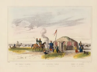 Een Kalmyk (West-Mongoolse) familie die paarden hoedt, picturaal pamflet uitgegeven door Joseph Scholz, Mainz, ca. 1860
