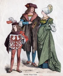 Een bourgeois familie. Duitse kostuums uit de XVIe eeuw uit de "Munchener Bilderbogen", Duitsland, c.1880