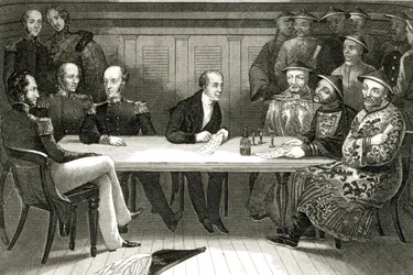 Een conferentie op Chusan tussen Commodore Bremer en Chang, een Chinese ambtenaar, aan boord van de HMS Wellesley, 4 juli 1841
