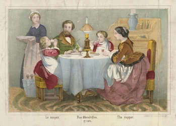 Een familie aan hun avondmaaltijd, picturaal pamflet uitgegeven door Haider & Cronberger, Stuttgart, 1860