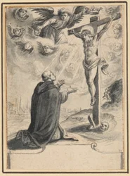 Een knielende monnik voor een visioen van Christus aan het kruis