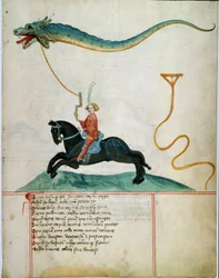Een ridder die een draakvliegend hert vasthoudt Manuscriptpagina van de Duitse school uit de 15e eeuw. 1405 Göttingen, bibliotheek van de Universiteit