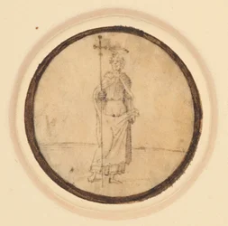 Een rondel met Christus met een lange mantel die aan de nek is bevestigd, met een processiekruis