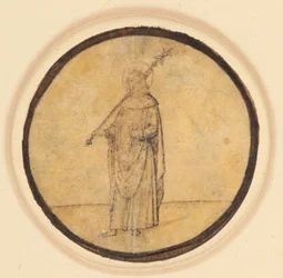 Een rondel met St. Louis van Frankrijk die een scepter over zijn rechterschouder houdt