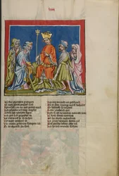 Aaron verandert de staf in een slang uit Weltchronik Ms. 33, fol. 73, ca. 1400-10