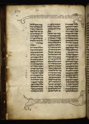 Add. 21160, f.188, Micrografie van twee honden die een hert achtervolgen, boom met vogels en een draak, bij Numeri (h. 2-3)