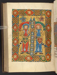Add. 60629, f.84v Twee militaire heiligen, met de hoofden van anderen