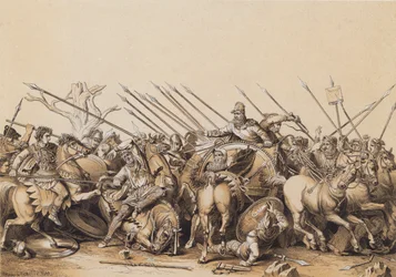 Alexander de Grote en zijn leger in de strijd (kleurenlitho)