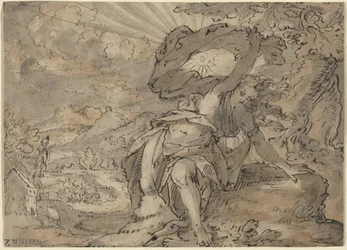 Allegorische vrouwenfiguur in een landschap [recto], ca 1600 (pentekening)