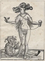 Allegorie van waanzin - allegorie de la folie (De vrouw en de dwaas) Duitse gravure uit de 16e eeuw.