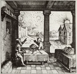 Een Astrologer die een Horoscoop maakt, kopie van een illustratie uit Utriusque Cosmi Historia door Robert Fludd, Oppenheim 1617, gebruikt in Geschiedenis van de Magie, gepubliceerd eind 19e eeuw