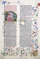 Een verlichte pagina die St. Hiëronymus in zijn studeerkamer afbeeldt, en een rand met een griffioen aangevallen door drie mannen, 1470