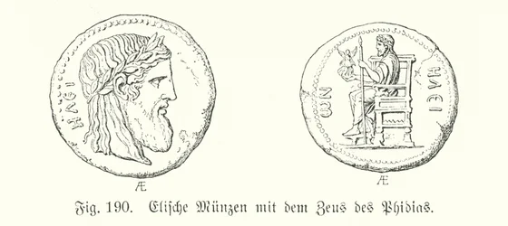 Oude Griekse munten uit Elis met afbeeldingen van de Zeus van Phidias