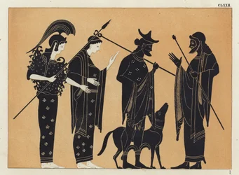 Oude Griekse figuren, inclusief Athena, met hond