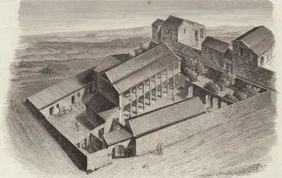 Oude Griekse huizen in Moudleja, Syrië. Illustratie voor Bilder-Atlas