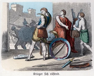 Oude geschiedenis. Griekenland. Griekse krijgers bewapenen zich voor oorlog. ... (gravure)