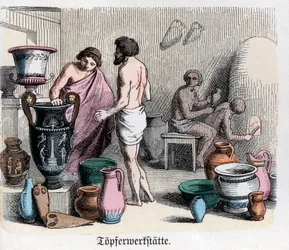 Oude geschiedenis. Griekenland. Pottenbakkerswerkplaats, vervaardiging van amforen. ... (gravure)