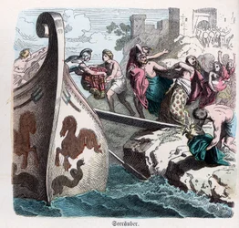 Oude geschiedenis. Griekenland. Plundering van een stad door Griekse piraten. Duits ... (gravure)