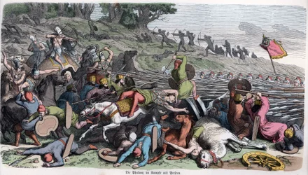 Oude geschiedenis. Macedonië. Macedonische falanx in gevecht met de Perzen. ... (gravure)