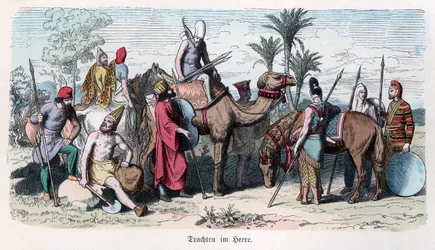Oude geschiedenis. Perzië. Soldaten van het Perzische leger. Duits ... (gravure)