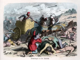 Oude geschiedenis. Perzië. Oorlogswagen met sikkels in de wielen. ... (gravure)