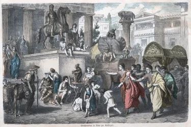 Oude geschiedenis. Rome. Scène in een Romeinse straat ... (gravure)