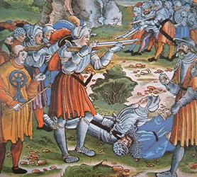 Gepantserde soldaten die een lontslot Arquebus afvuren, eind 15e eeuw (handgekleurde houtsnede)
