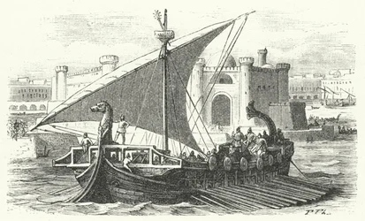 Aankomst van een Fenicisch koopvaardijschip in een haven (gravure)
