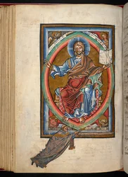 Christus zit op de troon in majesteit binnen een mandorla, omringd door de vier symbolen van de evangelisten, uit 