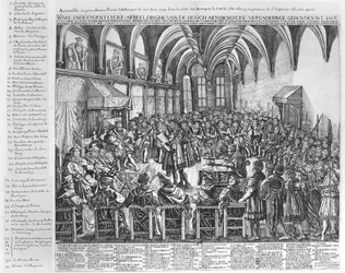 Vergadering van de meest illustere prinsen van Duitsland, in de bisschopshal, Augsburg, in aanwezigheid van Karel V op 25 juni 1530
