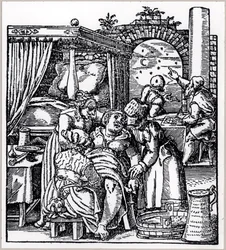 Astrologen maken een horoscoop voor het kind dat wordt geboren bij een vrouw in een geboortestoel, uit De Conceptu et Generatione Hominis door Jacob Rueff, gepubliceerd in Frankfurt, 1587