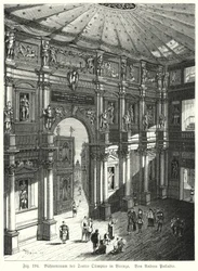 Auditorium en podium van het Teatro Olimpico, Piacenza, Italië, ontworpen door Andrea Palladio (gravure)