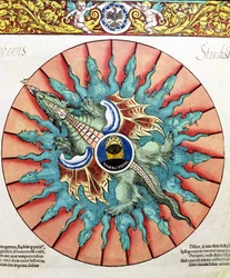 Zonsverduistering, illustratie uit Astronomicum Caesareum door Peter Apian (Bennewitz) gepubliceerd in Ingolstadt, 1540