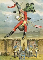 Baron Münchhausen vliegt op een kanonskogel over de vijandelijke linies, illustratie uit een Duitse uitgave van De avonturen van baron Münchhausen