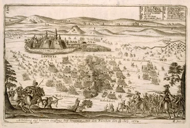 Slag bij de Stad Levice in 1664, illustratie uit een boek over de Ottomaanse campagnes in Europa, gegraveerd door Paul Furst (ca. 1605-66)