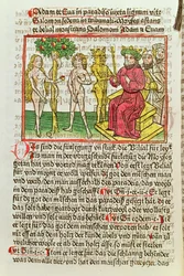 Belial presenteert Adam en Eva aan Salomo, illustratie uit een Duitse vertaling van Das Buch Belial, 1473 (gekleurde houtsnede)