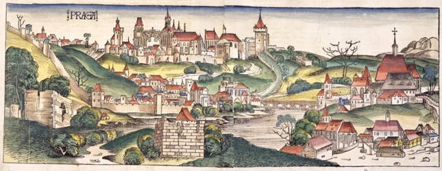 Vogelvlucht van Praag uit de Neurenberg Kroniek door Hartmann Schedel (1440-1514) 1493