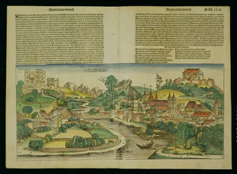 Vogelvlucht van Salzburg uit de Neurenberg Kroniek door Hartmann Schedel (1440-1514) 1493
