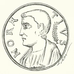 Bronzen munt met het hoofd van de Romeinse held Horatius (gravure)