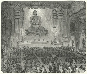 Boeddhisten aanbidden in een klooster in Peking (gravure)