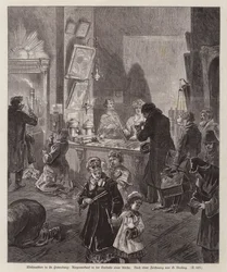Kaarsen te koop in de vestibule van een kerk in Sint-Petersburg, Rusland, met Kerstmis (gravure)