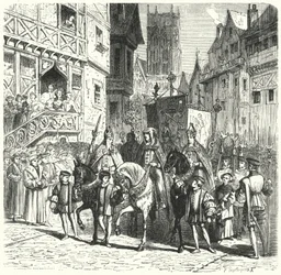 Katholieke prelaten keren terug naar Engeland onder het bewind van Maria I (gravure)