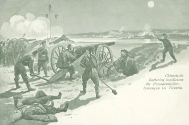 Chinese artillerie vuurt op de buitenlandse concessies in Tientsin, China, tijdens de Bokseropstand