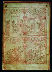 Codex 507 fol.2r Wever, Schoenmaker, Vissers en Jager, uit Renner Musterbuch, ca. 1208-18