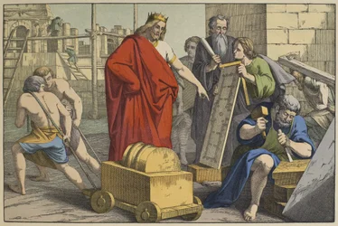 Bouw van de Tempel van Jeruzalem, illustratie uit L