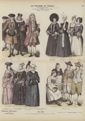 Kostuums van het Zwitserse kanton Zürich, begin 18e eeuw (gekleurde gravure)