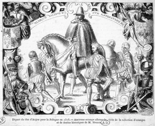Vertrek van de hertog van Anjou naar Polen in 1573 (gekozen tot koning van Polen, hij zal zijn kroon in bezit nemen) - Een oude Duitse prent uit de collectie prenten en historische tekeningen van de heer Hennin